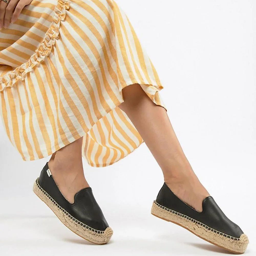 NWOT Soludos Black Leather Espadrille Smoking Slipper 11M